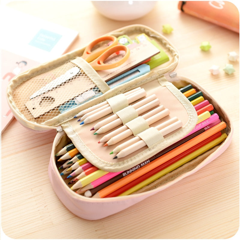 Cute Pencil Case Large-Capacity Leather Double Layer Lovely Princess Printed